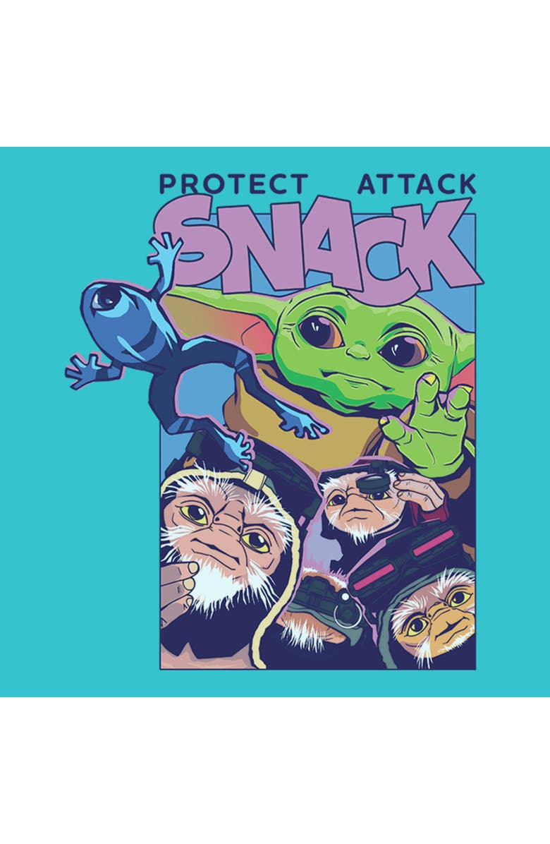 Star Wars: The Mandalorian and Grogu Girl's Star Wars The Mandalorian and Grogu Protect Attack Snack Collage  Graphic T-Shirt, Alternate, color, Tahiti Blue