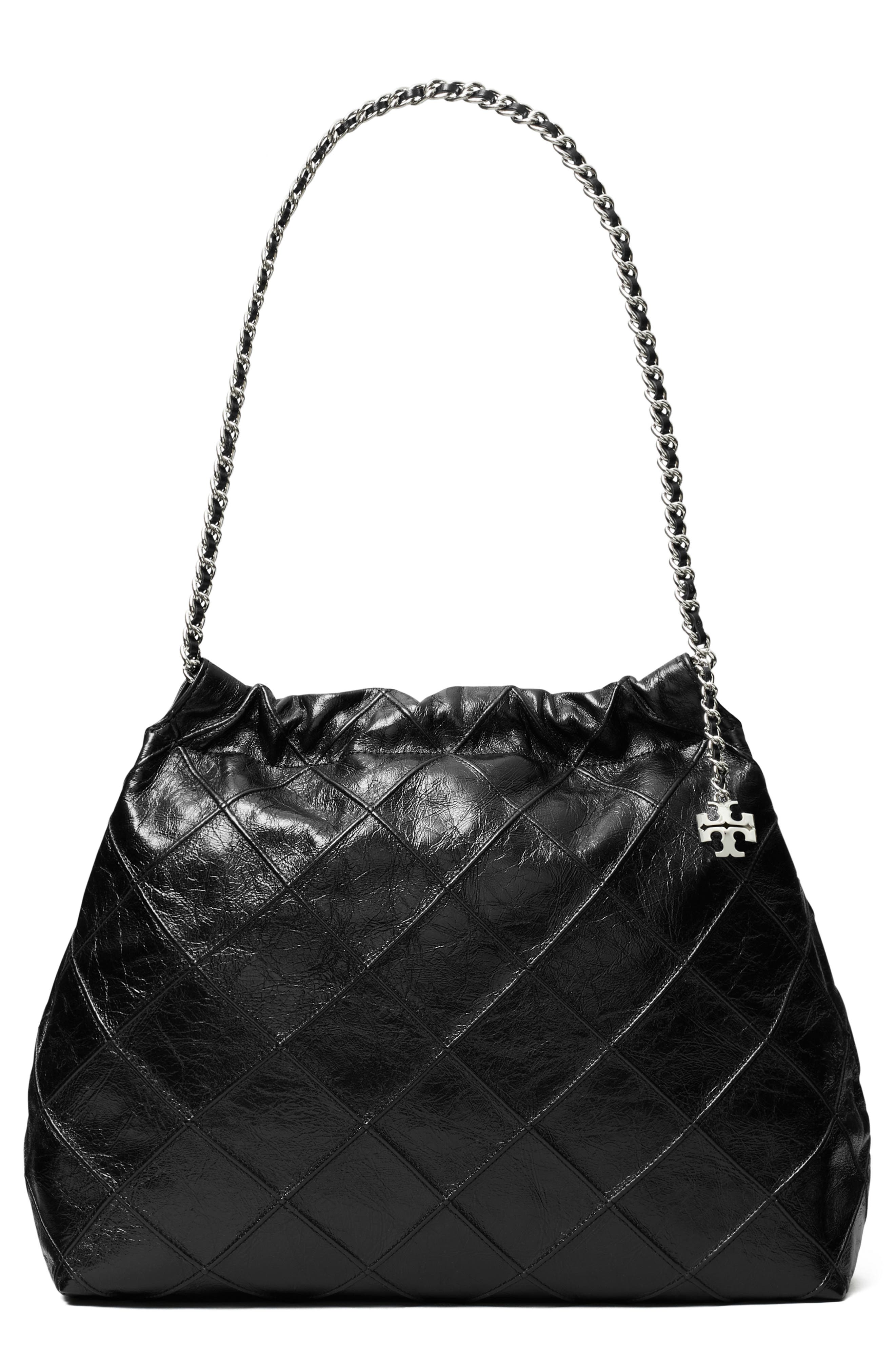 Tory Burch Fleming Distressed Quilted Leather Hobo Bag, Main, color, Black
