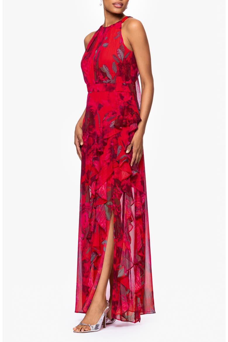Red Rose & Metallic Stripe Sleeveless Gown, Alternate, color, RED/ MULTI