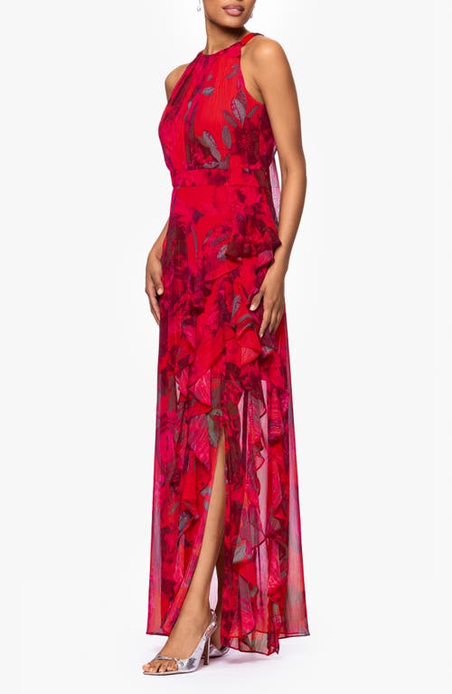 Betsy & Adam Red Rose & Metallic Stripe Sleeveless Gown