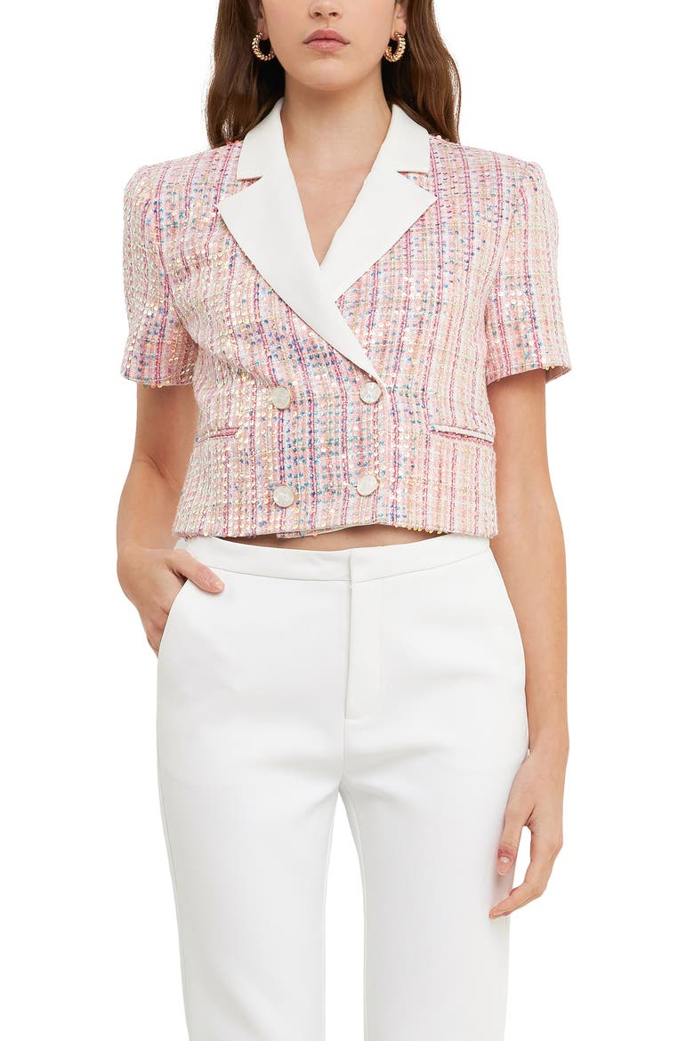 Sequin Crop Tweed Jacket, Alternate, color, PINK