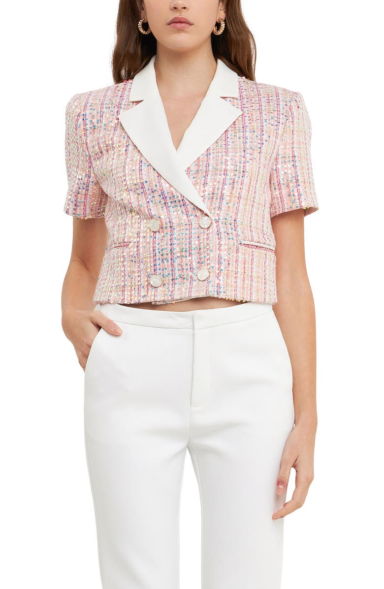 Endless Rose Sequin Crop Tweed Jacket, Alternate, color, Pink