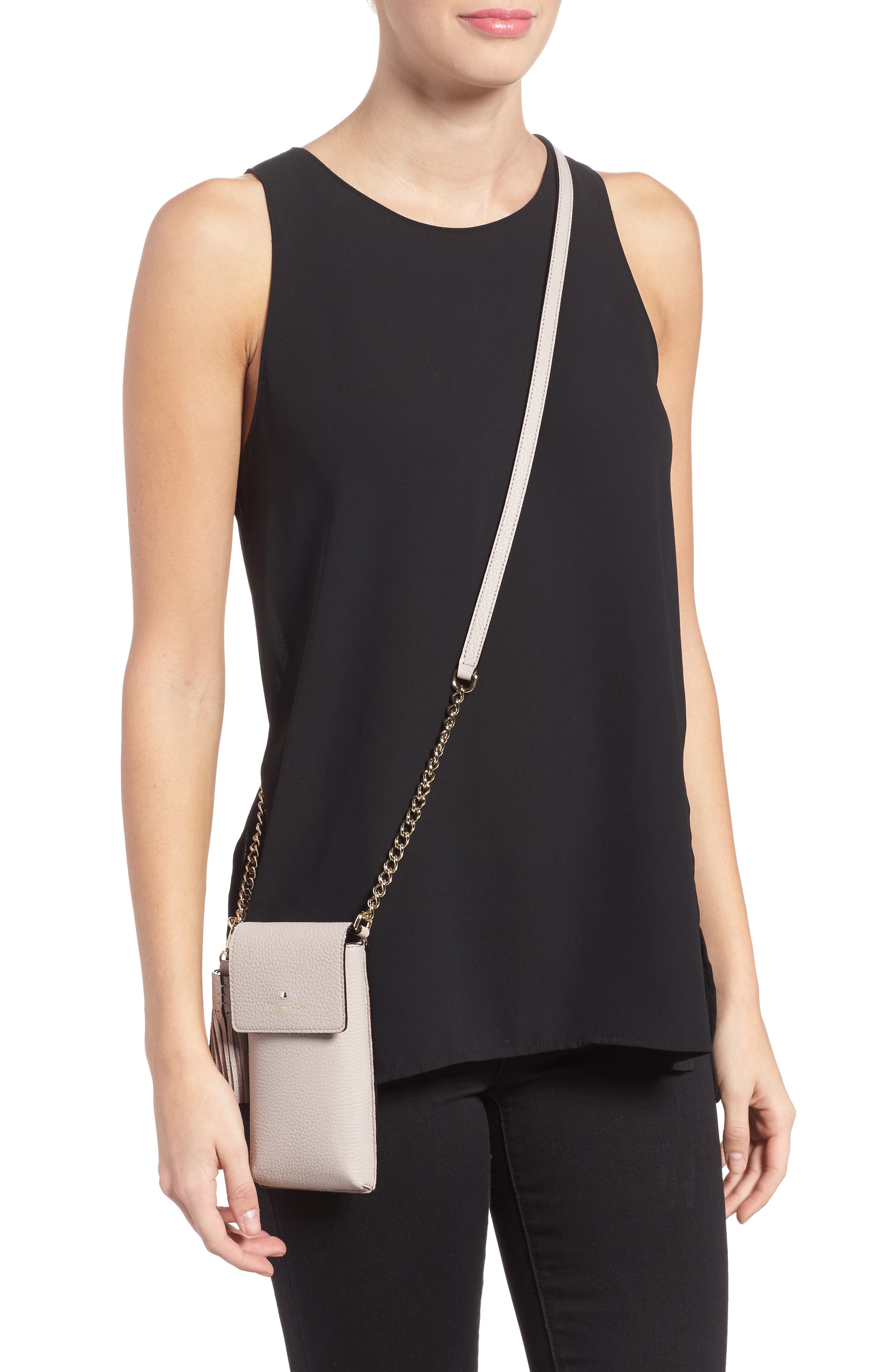north/south leather smartphone crossbody bag, Alternate, color, BONE GREY