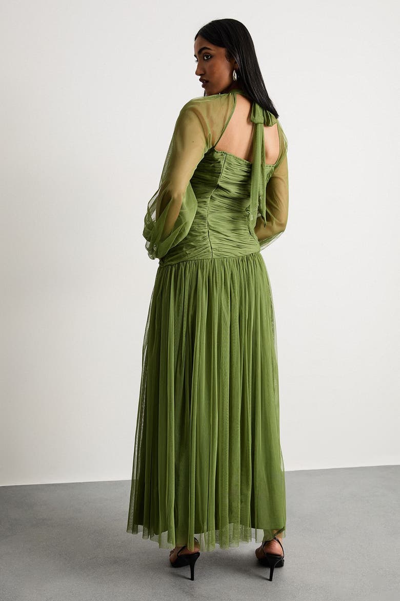 Bow Detail Gathered Tulle Maxi Dress, Alternate, color, Green
