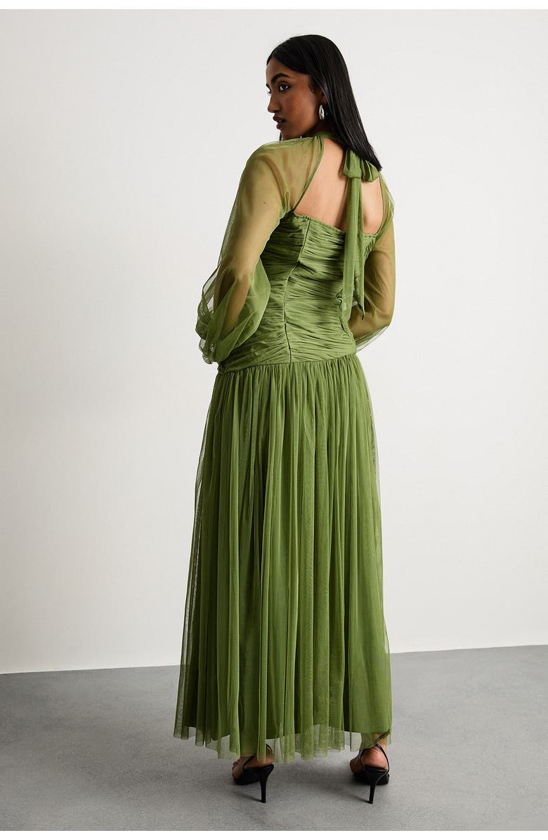 Warehouse Bow Detail Gathered Tulle Maxi Dress, Alternate, color, Green