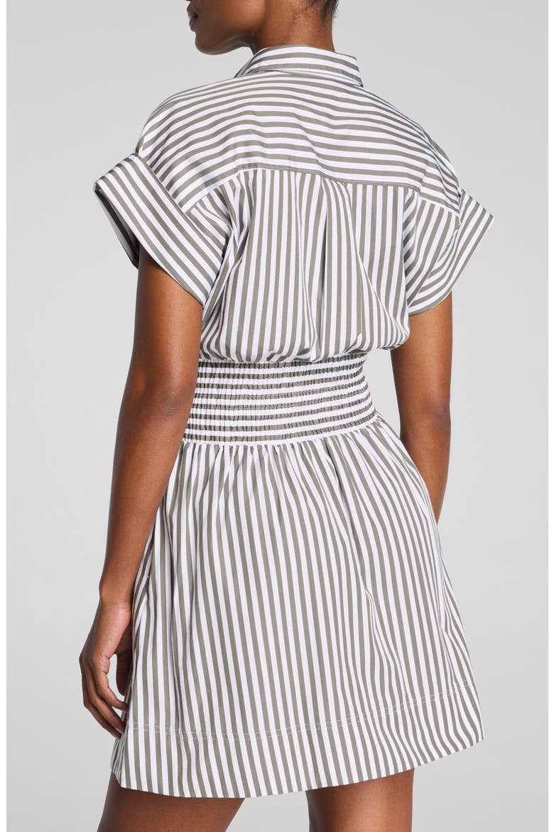 Smocked Striped Supima Cotton Mini Shirtdress, Alternate, color, FROSTED MOSS/ CLASSIC WHITE