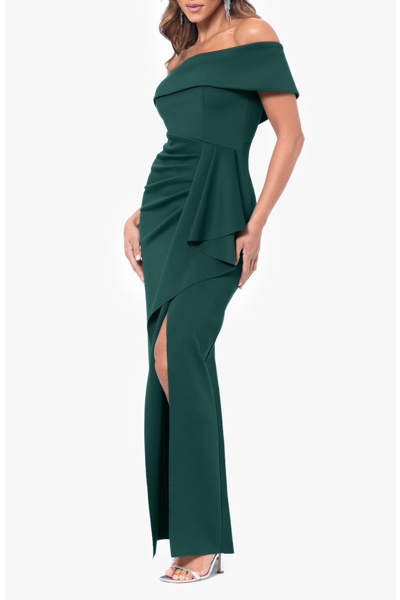 Side Ruffle Off the Shoulder Scuba Knit Gown, Alternate, color, HUNTER