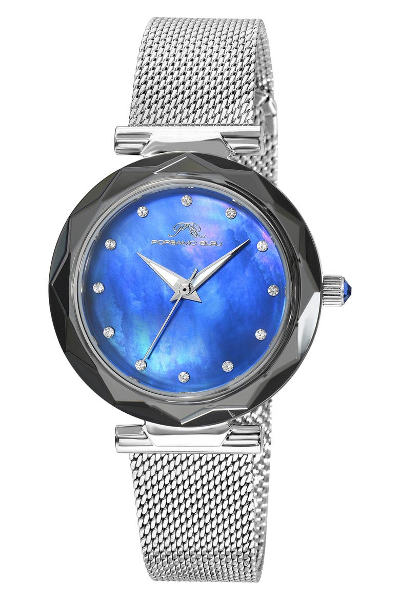 Hazel White Topaz Mother of Pearl Dial 3-Hand Quartz Mesh Strap Watch, 33mm, Main, color, SILVER
