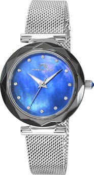 PORSAMO BLEU Hazel White Topaz Mother of Pearl Dial 3-Hand Quartz Mesh Strap Watch, 33mm