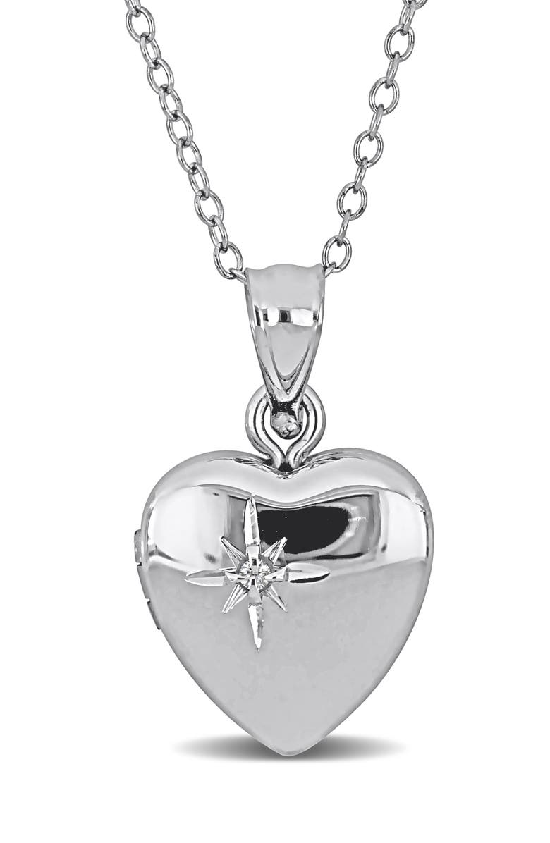 DELMAR Cubic Zirconia Accent Heart Locket Pendant Necklace, Main, color, Silver