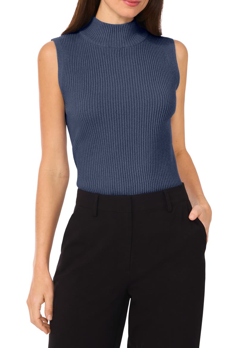 Sleeveless Mock Neck Rib Sweater, Main, color, NAVY HEATHER