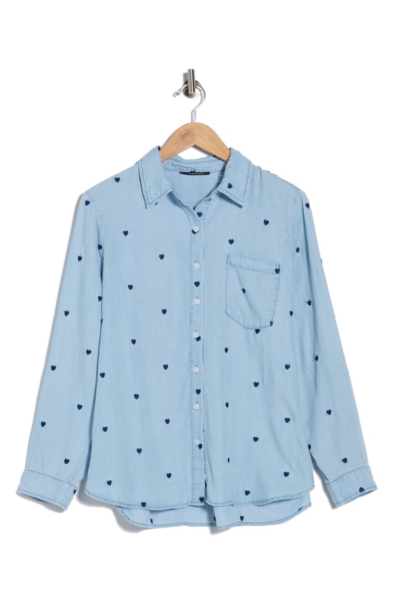 T Tahari Embroidered Chambray Button-Up Shirt, Alternate, color, Light Chambray