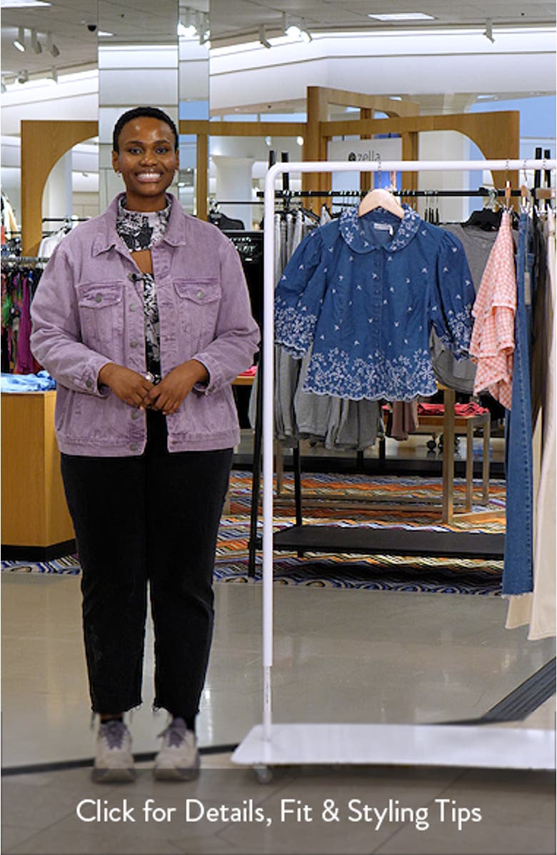 Embroidered Puff Sleeve Scallop Crop Chambray Shirt, sales video thumbnail