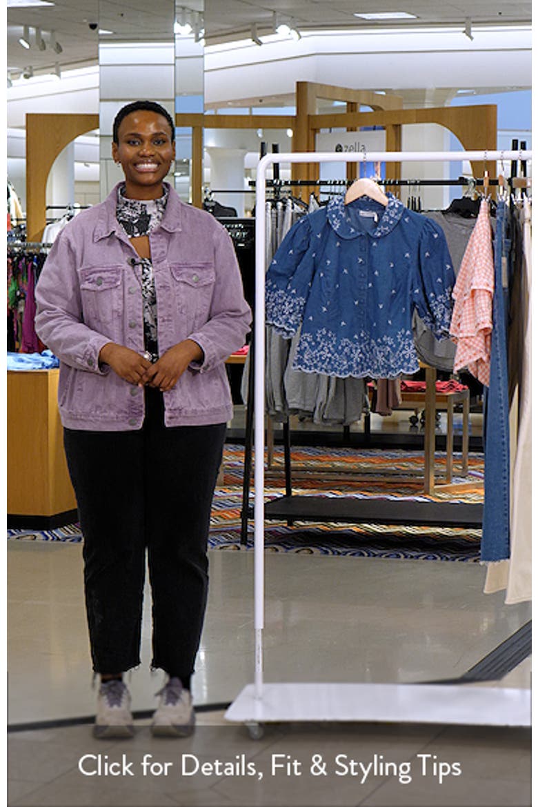 Embroidered Puff Sleeve Scallop Crop Chambray Shirt video