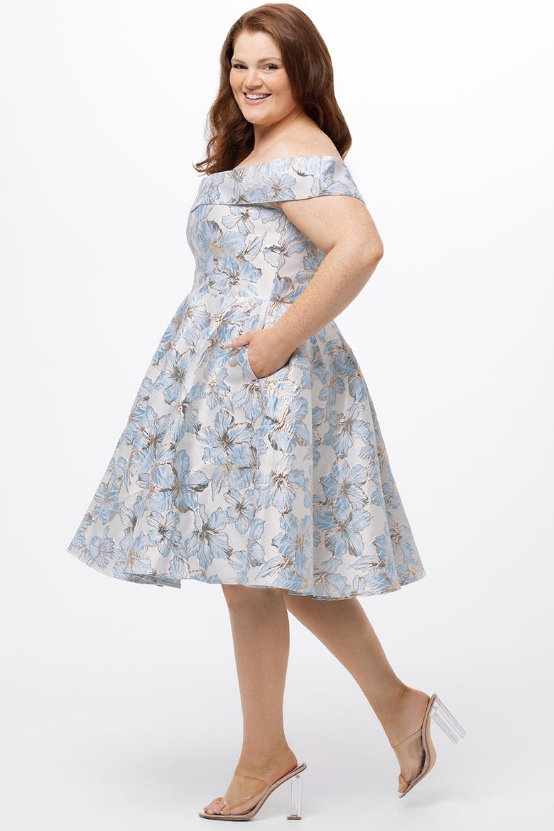 Off-The-Shoulder Brocaade Plus Size Party Dress, Alternate, color, Light Blue Floral