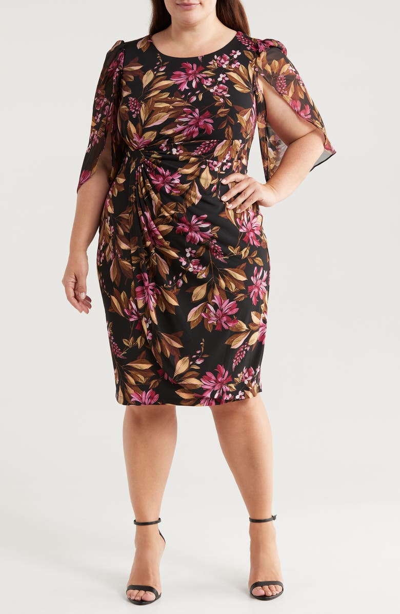 Connected Apparel Floral Chiffon Sleeve Faux Wrap Dress, Main, color, Merlot