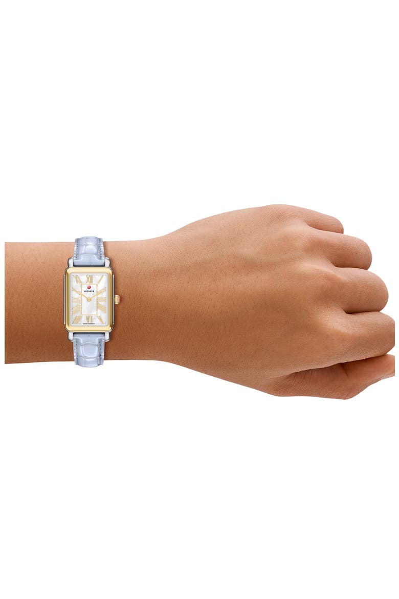 Deco Park Two-Tone Mother-of-Pearl Tank Leather Strap Watch, 23mm x 29mm, Alternate, color, BLUE