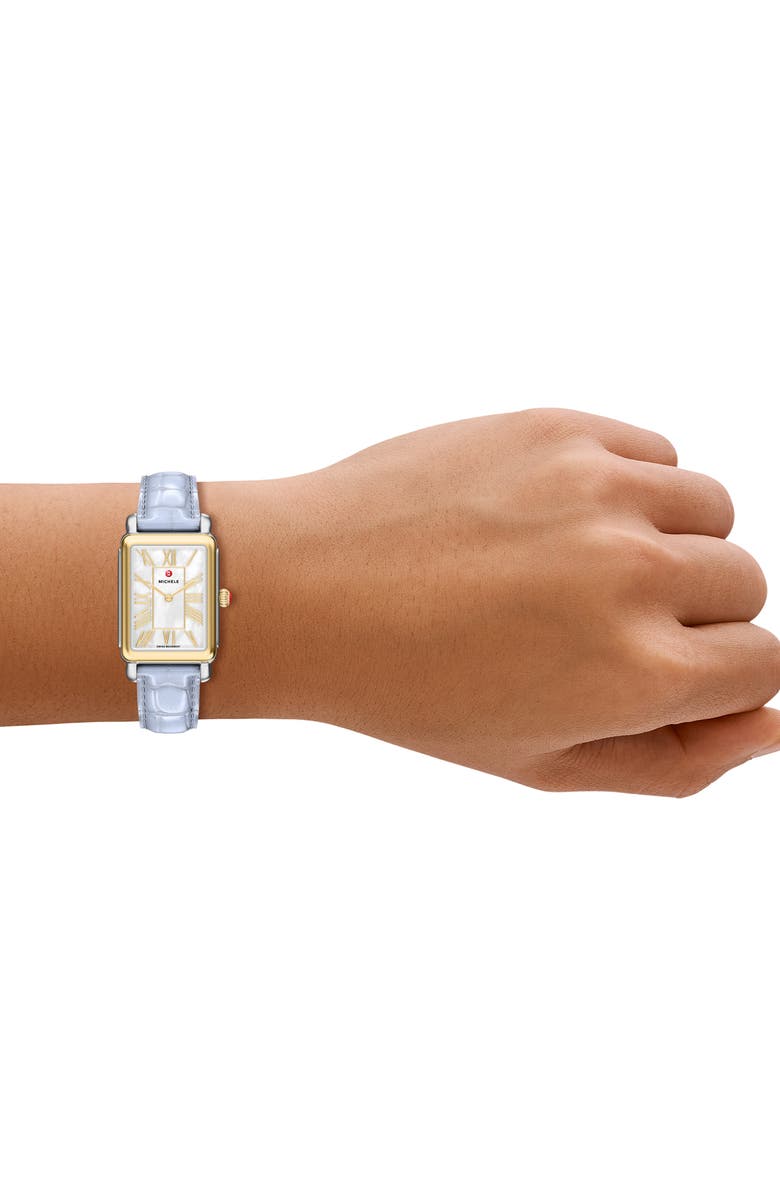 MICHELE Deco Park Two-Tone Mother-of-Pearl Tank Leather Strap Watch, 23mm x 29mm, Alternate, color, Blue