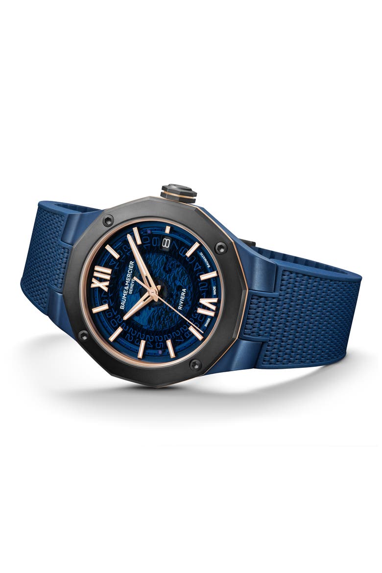 Riviera 10769 Rubber Strap Watch, 42mm, Alternate, color, SMOKED BLUE SAPPHIRE