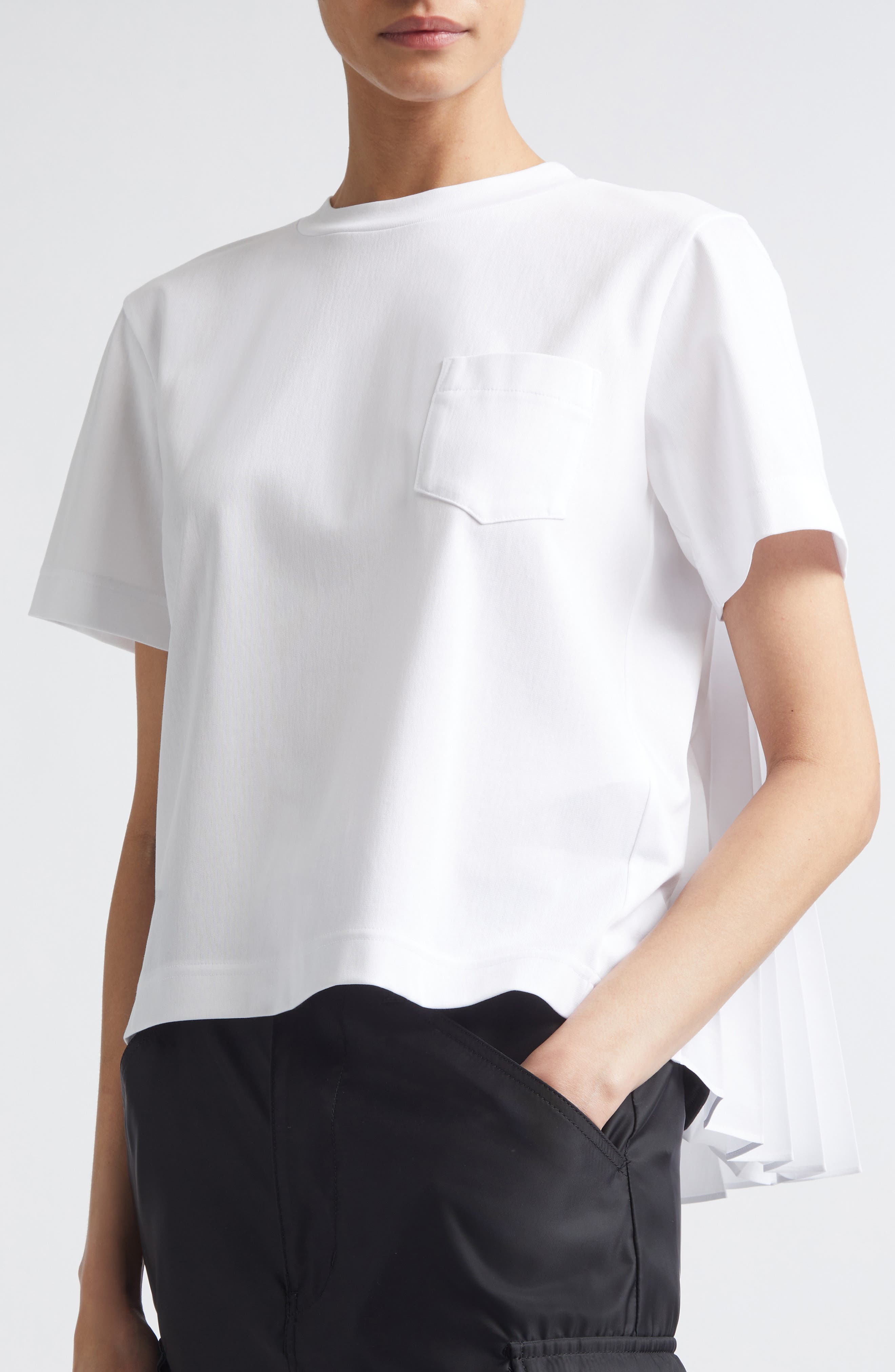 Sacai Mixed Media Pleated Poplin & Jersey Pocket T-Shirt (Women