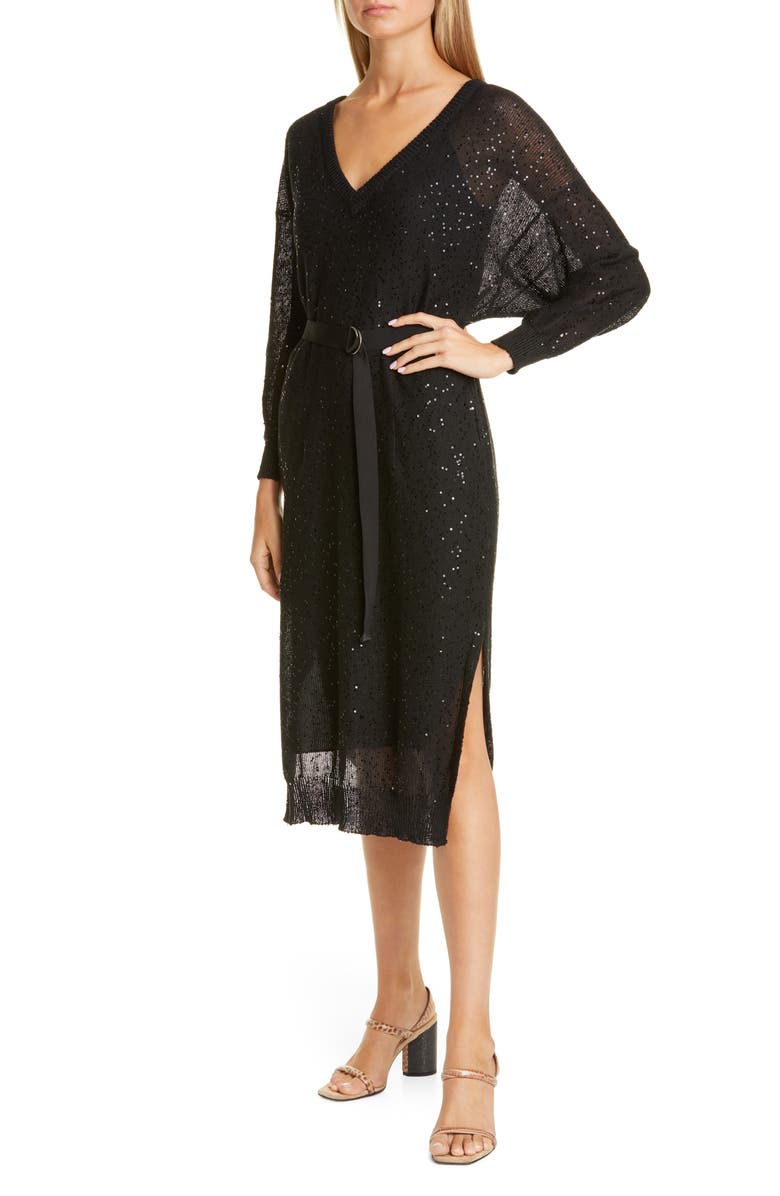 Brunello Cucinelli Sequin Belted Long Sleeve Linen & Silk Sweater Dress, Alternate, color, 