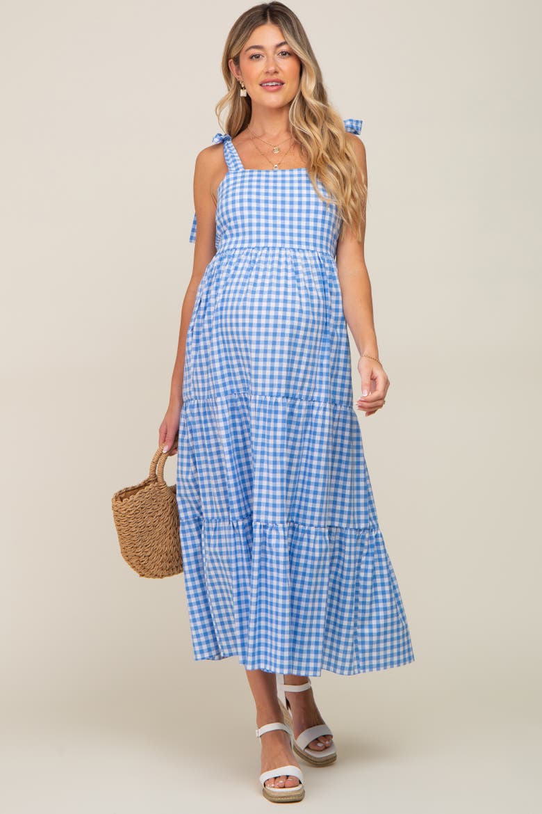 Checkered Sleeveless Tiered Maxi Dress, Alternate, color, Blue