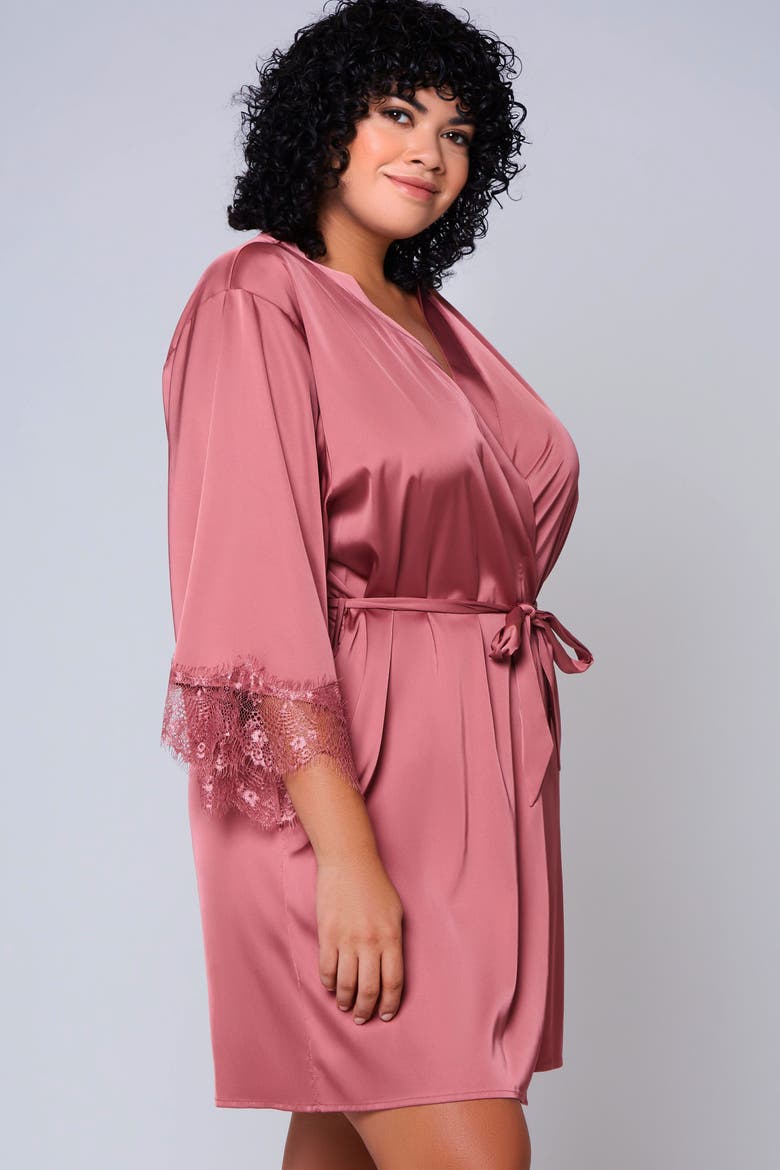 Stretch Satin Lace-Trim Robe, Alternate, color, Wine