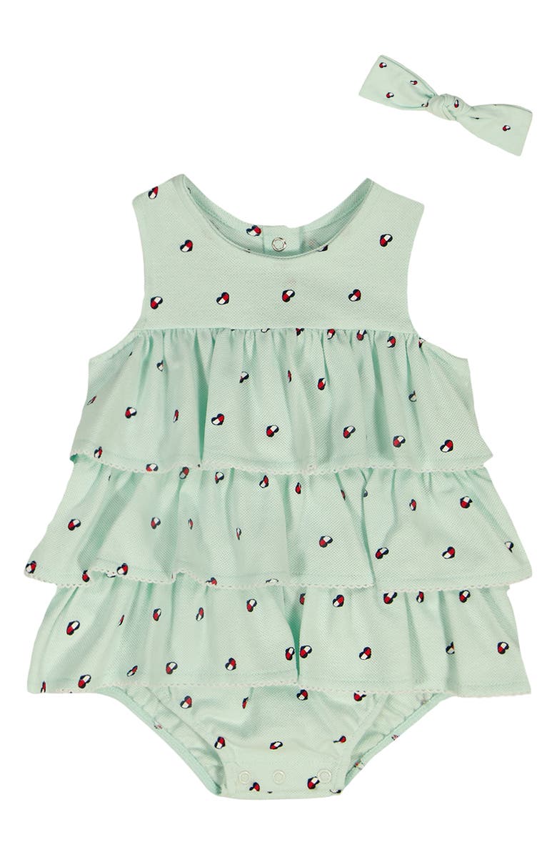 Tommy Hilfiger Tommy Heart Logo Bubble Skirted Bodysuit & Headband Set, Main, color, Open Green