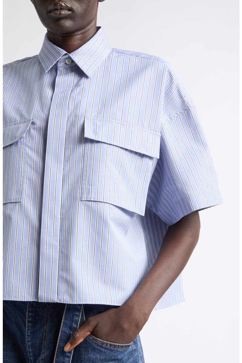 Pleat Back Crop Poplin Button-Up Shirt, Alternate, color, LIGHT BLUE STRIPE