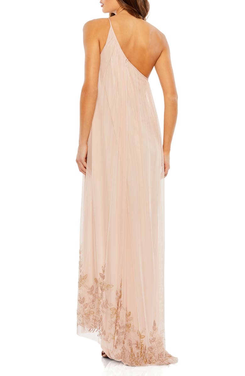 Mac Duggal Asymmetrical One Shoulder Beaded Hem Mesh Gown, Alternate, color, Rose