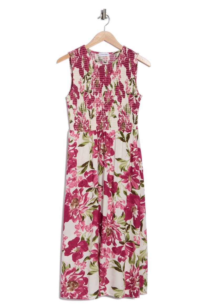 Smocked Sleeveless Midi Dress, Alternate, color, ROSEWOOD MULTI