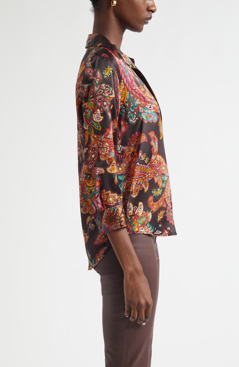 L'AGENCE Dani Paisley Three-Quarter Sleeve Silk Button-Up Shirt, Alternate, color, Black Multi Paisley Scroll