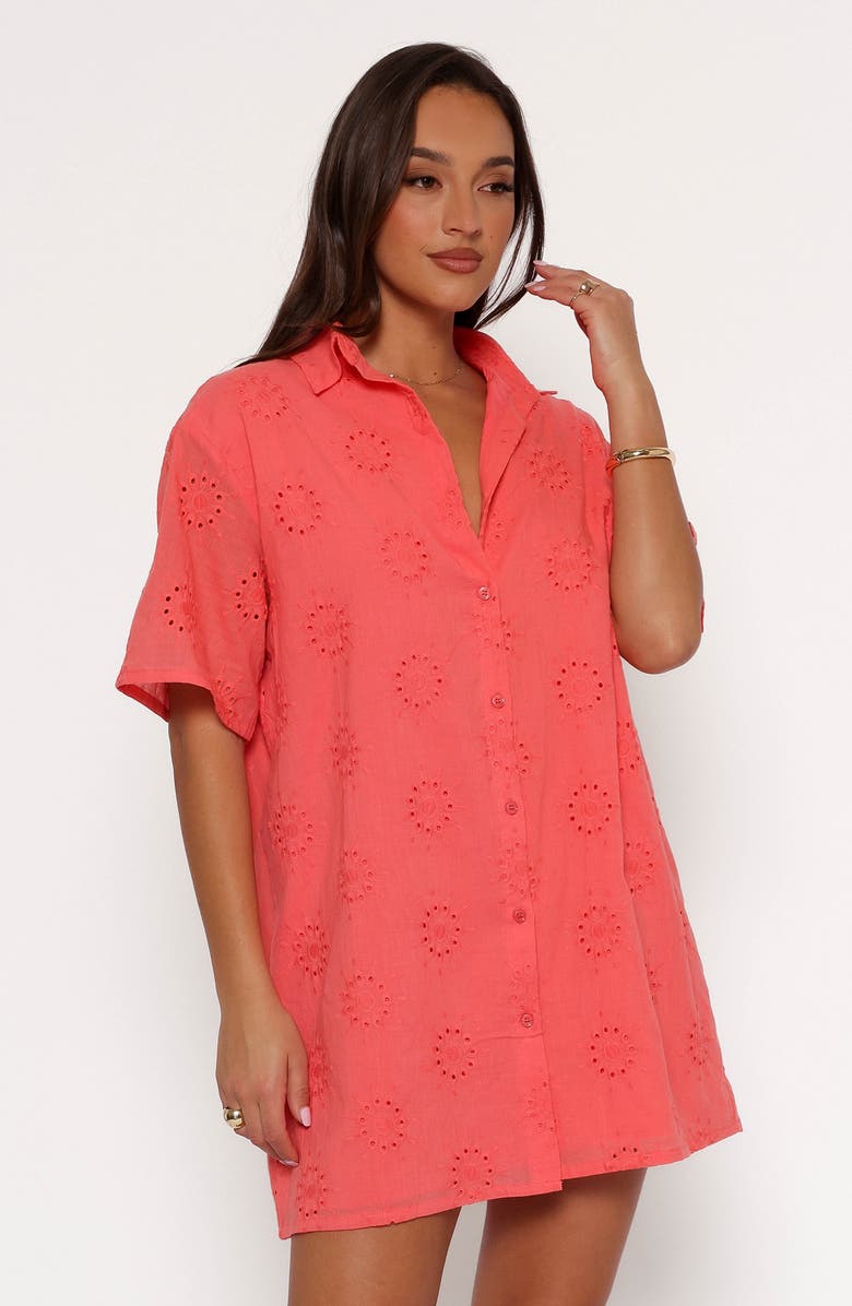 Petal & Pup Norah Embroidered Cotton Mini Shirtdress, Alternate, color, Coral