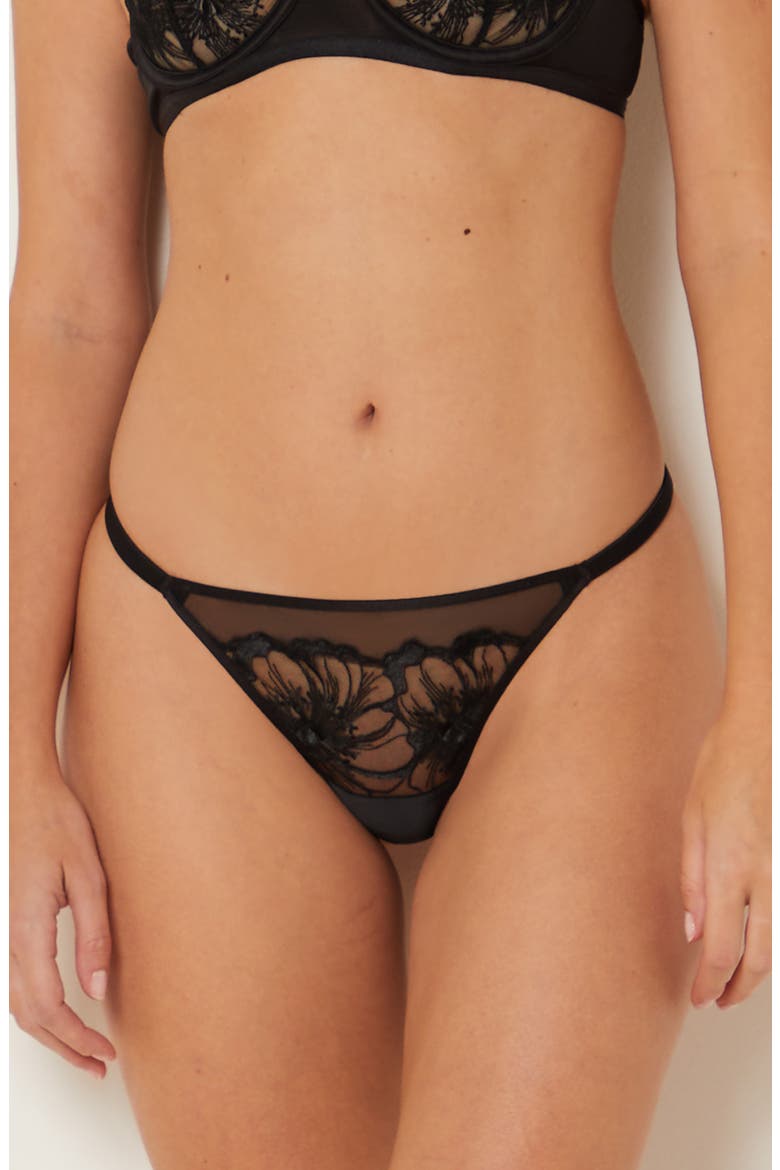 Amaryllis Embroidered Thong, Main, color, BLACK