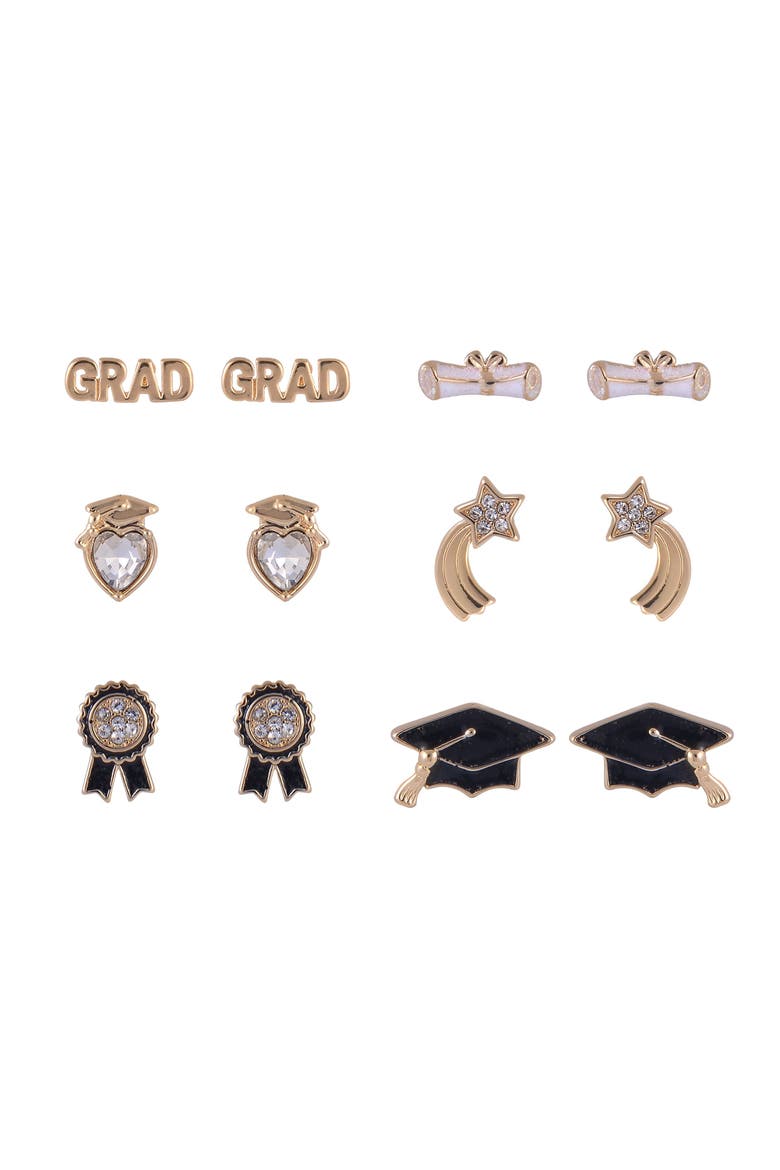Graduation 6 Pack Stud Earring Set, Main, color, Black