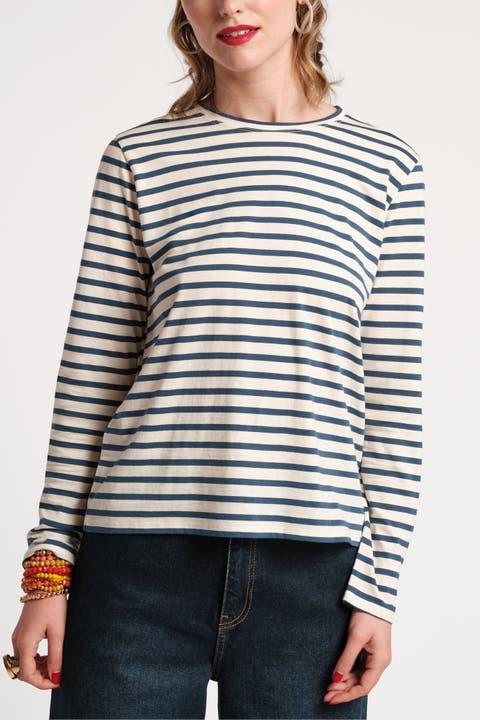 Long Sleeve Striped Tee Shirt Stripe 100% Pima Cotton