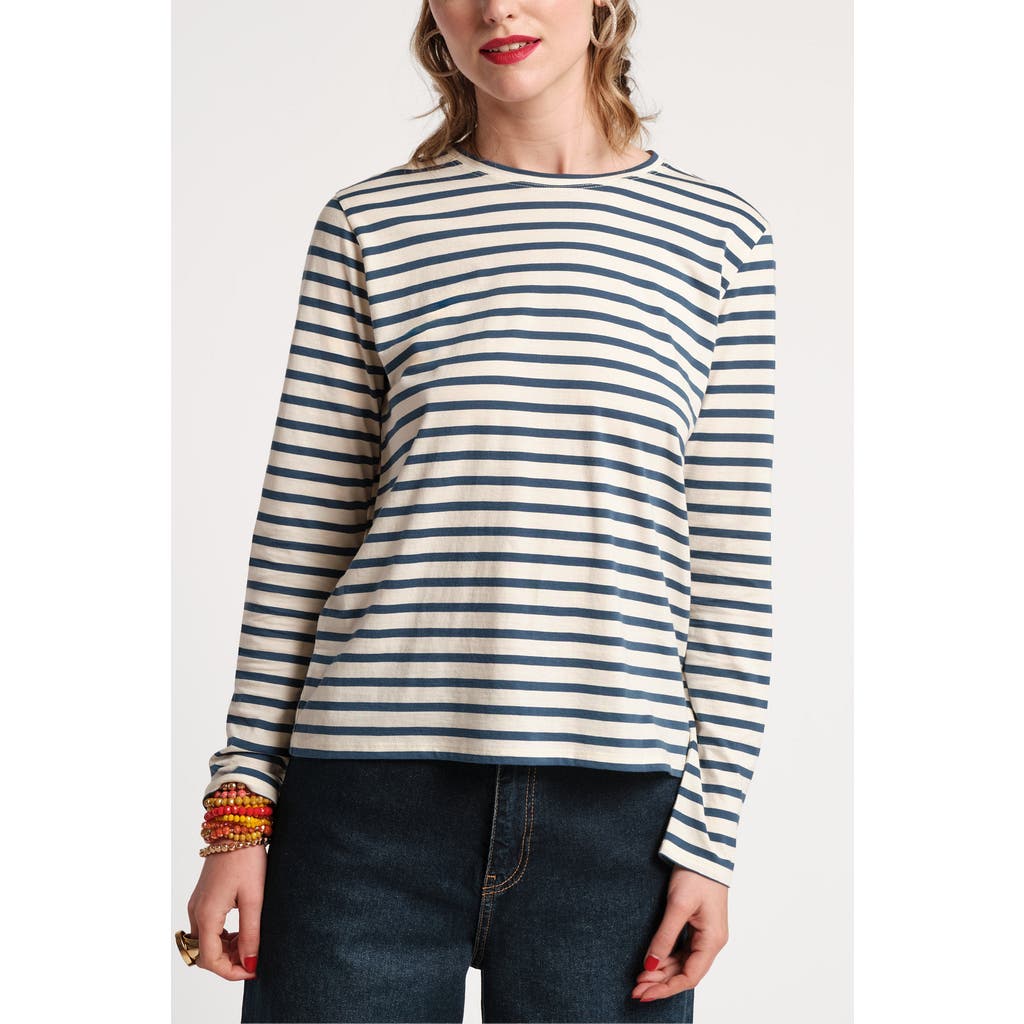 Frances Valentine Long Sleeve Striped Tee Shirt Stripe 100% Pima Cotton in Oyster/navy