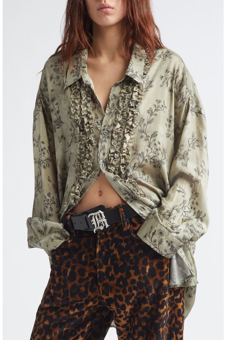 Oversize Drop Neck Ruffle Front Button-Up Shirt, Main, color, GREEN FLORAL