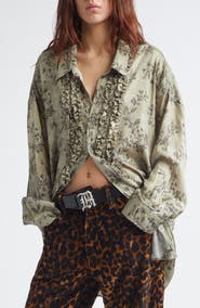 R13 Oversize Drop Neck Ruffle Front Button-Up Shirt