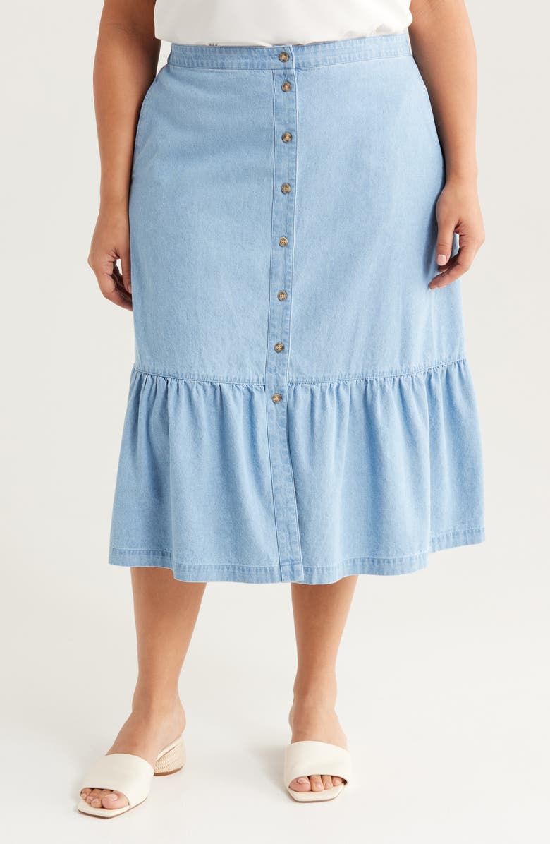 Jones New York Flounce Hem Chambray Midi Skirt, Main, color, Pale Wash