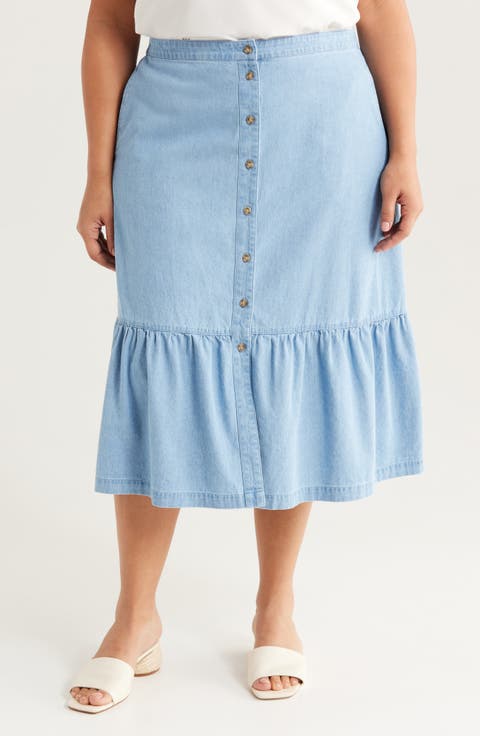 Flounce Hem Chambray Midi Skirt (Plus)