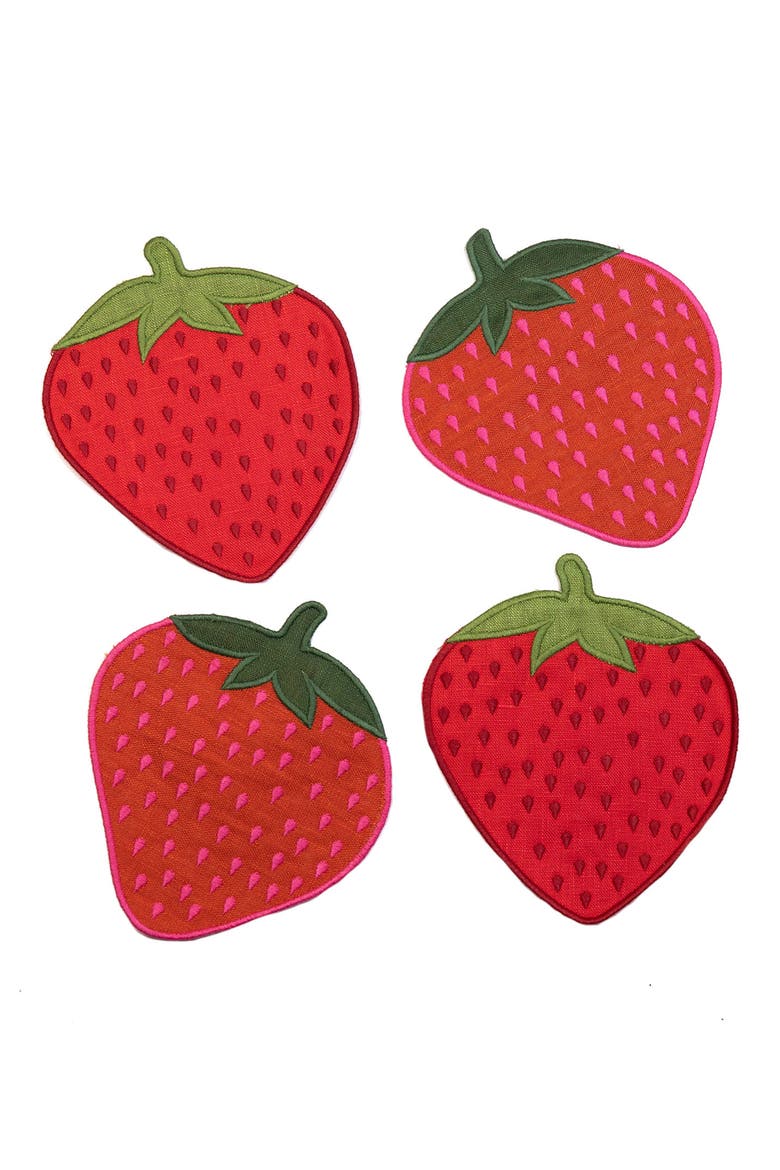 Strawberry Set of 4 Linen Cocktail Napkins, Main, color, PINK