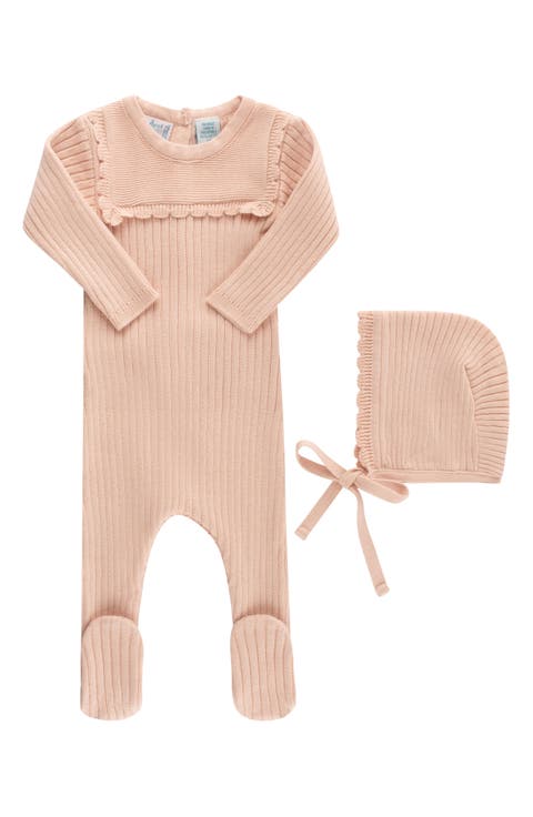 Ruffled Yoke Rib Footie 
Bonnet Set (Baby)