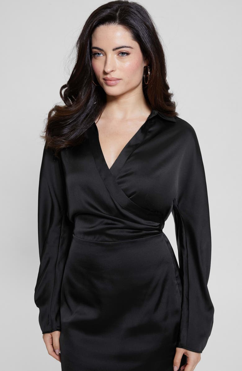 GUESS Tanya Long Sleeve Satin Dress, Alternate, color, Jet Black A996