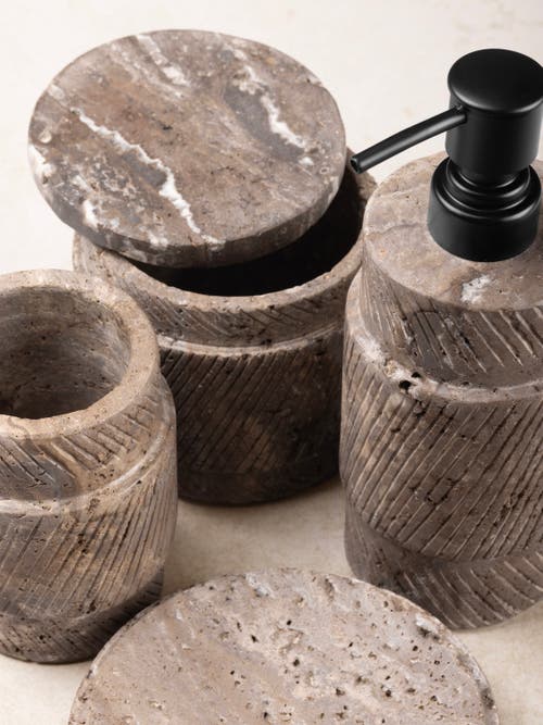 Gauri Kohli Tallinn Gray Travertine Bath Accessories, Set Of 4 In Brown