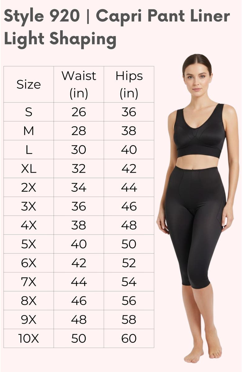 Rago Light Shaping Capri Pant Liner With Satin 4-Way Stretch, Alternate, color, Black