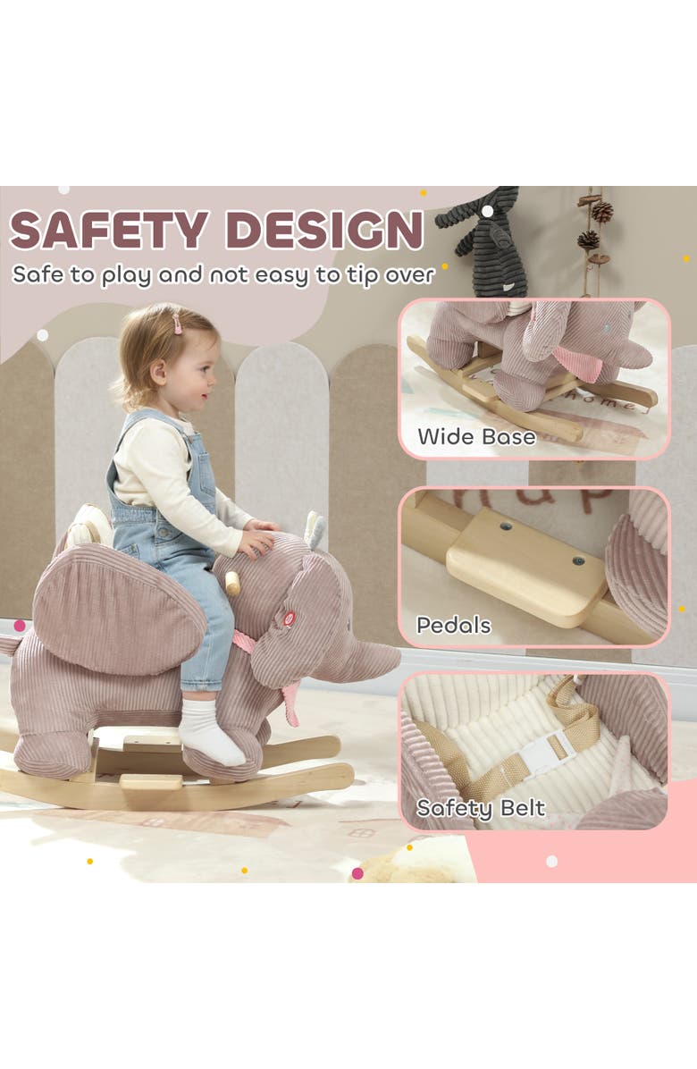 Qaba Baby Rocking Horse with Seat Kids Ride On Elephant Rocker with Realistic Sound and Safety Belt for Months, Alternate, color, Brown