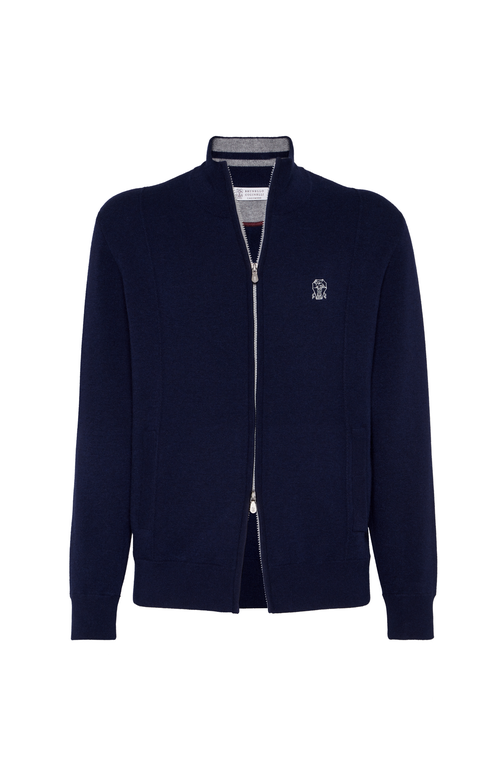 Brunello Cucinelli Zip-front Embroidered-logo Cardigan In Blue