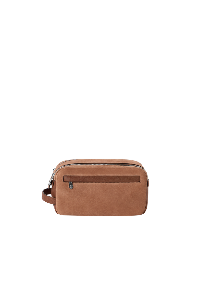 Suede and buffalo leather beauty case with double zipper, Alternate, color, Tobacco