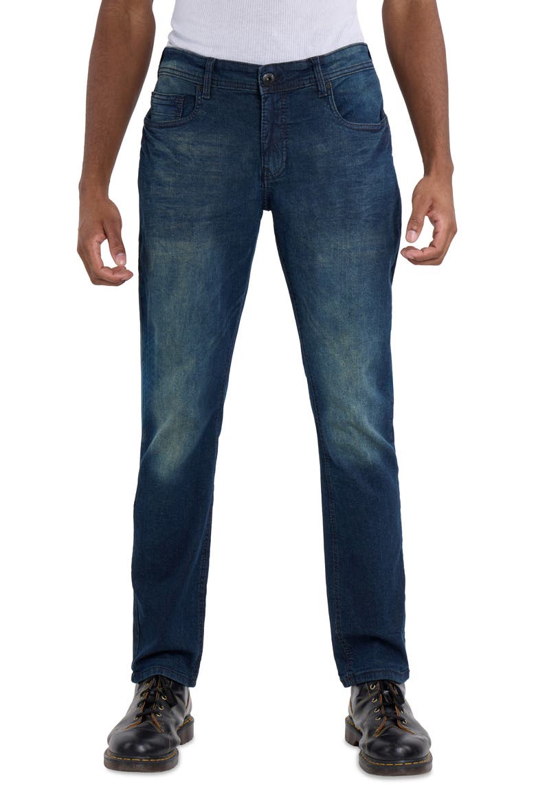 Saddle Stitch Stretch Straight Leg Jeans, Main, color, DARK BLUE TINT